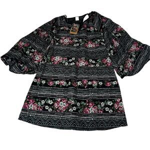 Paper Crane Black Geometric Floral Shift Dress With Bell Sleeves open Back S USA